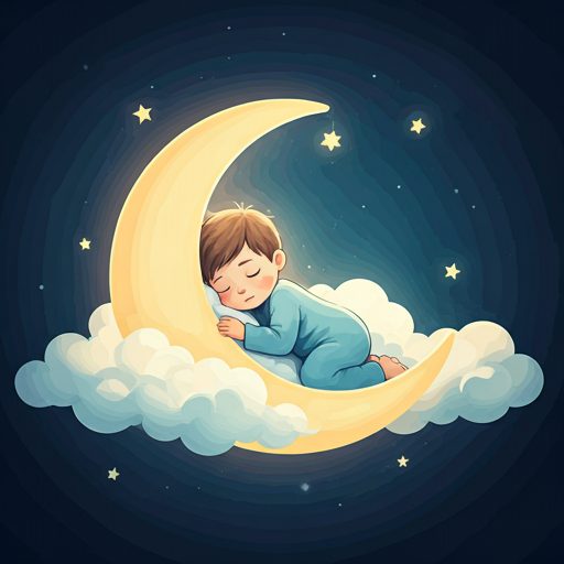 A child asleep on a crescent moon among the clouds